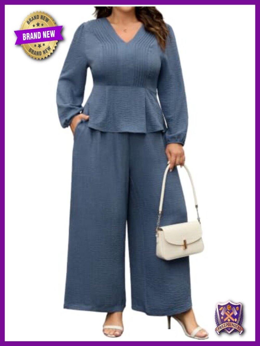 Plus Size 2 Piece Set Long Sleeve Peplum Top Wide Leg Pants Faux Denim